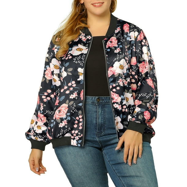 Plus Size Women Casual Retro Floral Zipper Up Long Sleeve Bomber Jacket Baseball 